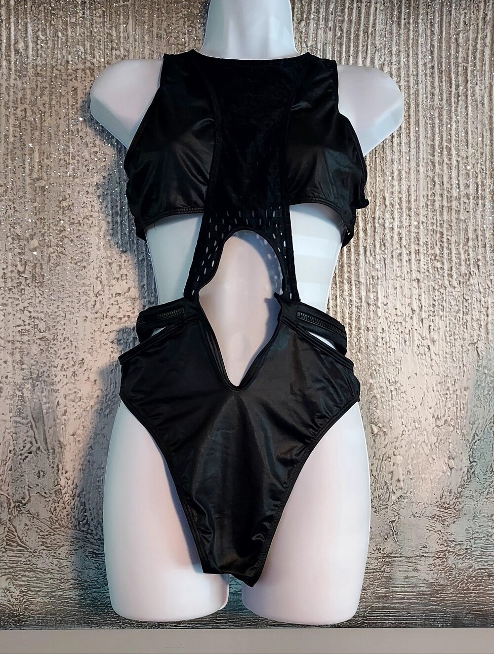 MAPALE Faux Leather Black Cut out With Side Zip  One-Piece Swimsuit / Bodysuit